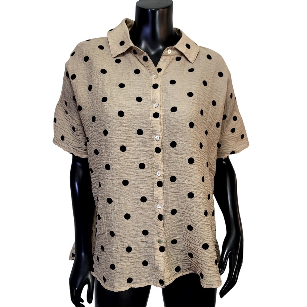 Mododoc Sand Polka Dot Short Sleeve Button Down Textured Shirt Oversized Popover